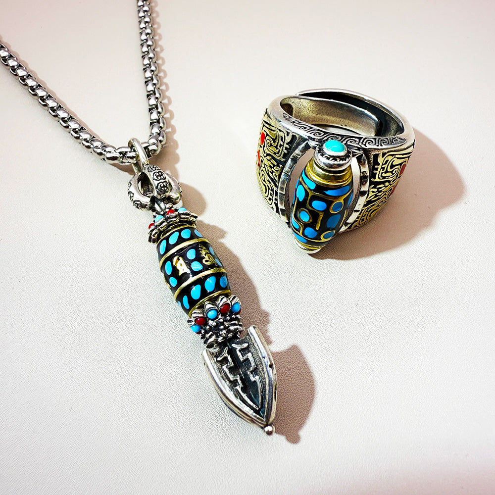 Advanced Tibetan nine-eyed Dzi bead Ring and Necklace Set