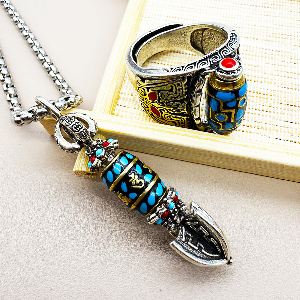 Advanced Tibetan nine-eyed Dzi bead Ring and Necklace Set