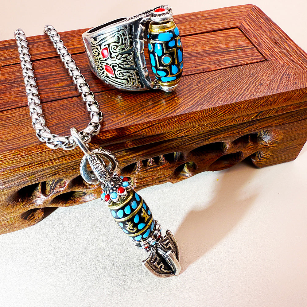 Advanced Tibetan nine-eyed Dzi bead Ring and Necklace Set