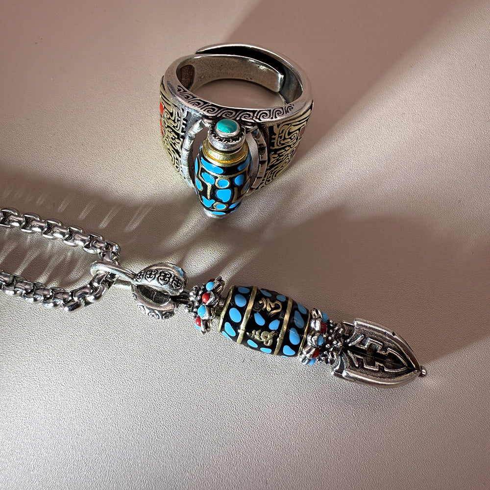 Advanced Tibetan nine-eyed Dzi bead Ring and Necklace Set